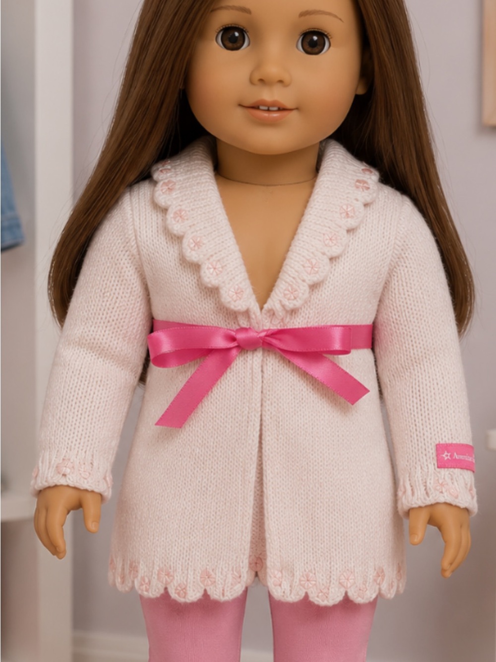 American Girl Light Pink Knit Doll Cardigan with Hot Pink Ribbon